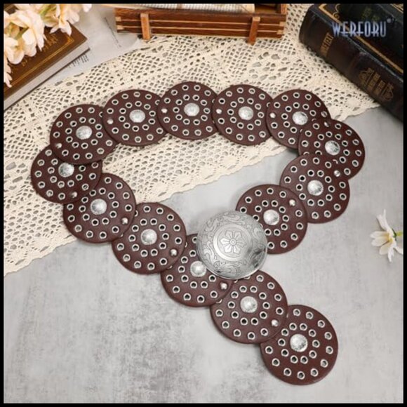 Western Disc Belt Boho Chic Adjustable Faux Leather Wide Belt for Jeans Dresses main image 5